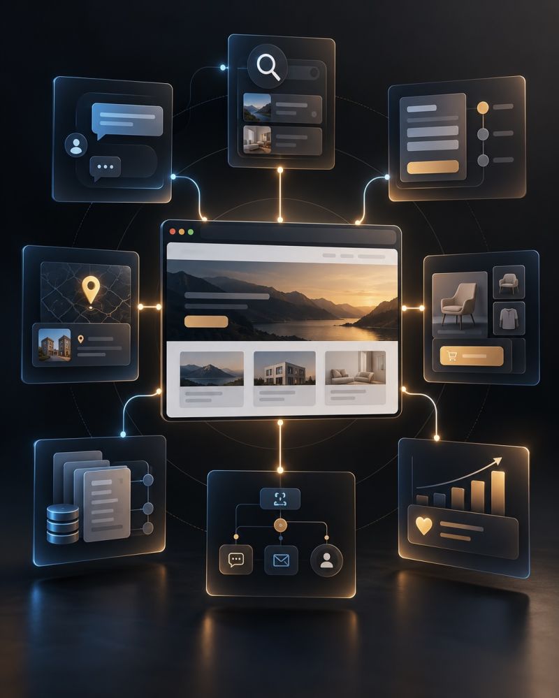 A website at the centre of a ring of connected AI agent panels for search, chat, forms, maps, products, knowledge and analytics